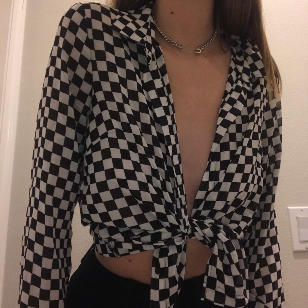 Checkered Forever 21 Sheer Button Blouse